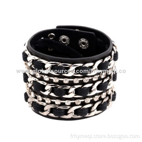 Real leather bracelet with rhinestone, for women